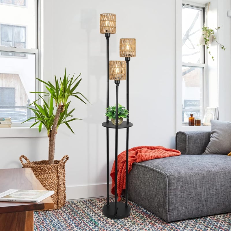 Rayofly Rattan Állólámpa Polccal - Boho Vintage Fekete Fém Talp, 3 Izzós Természetes Barna Lámpaernyő, Lábkapcsoló, 168 cm, Nappali, Hálószo