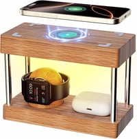 Alltripal 4-in-1 Vezeték Nélküli Éjjeli Lámpa Töltőállomás - iPhone/Apple Watch/AirPods Töltő Fa Dizájnnal, 3 Színhőmérséklet, Állítható Fén 1
