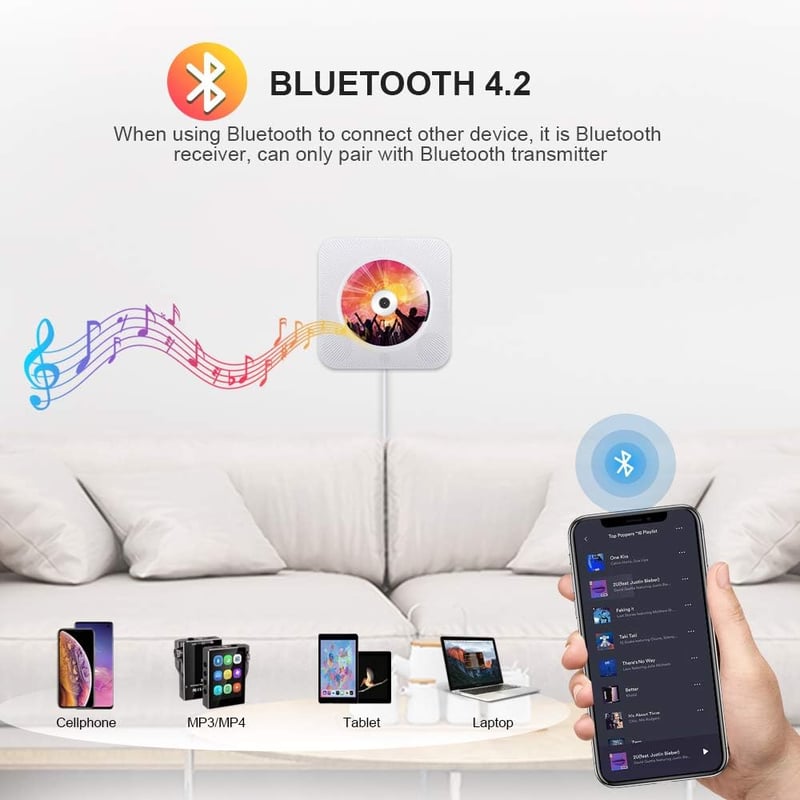 Qoosea Hordozható CD Lejátszó Bluetooth HiFi Hangszóróval - Falra Szerelhető Zenelejátszó FM Rádióval, Távirányítóval és MP3 Csatlakozóval