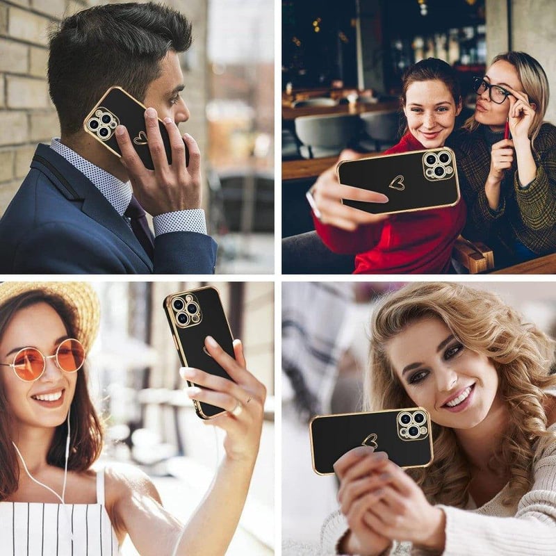 iPhone 13 Pro Szívecskés Ütésálló Tok - Fekete-Rosegold Szilikon Védőtok