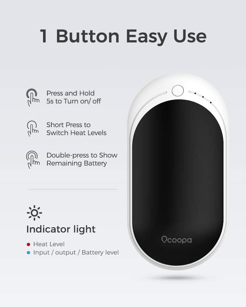 OCOOPA Újratölthető Kézmelegítő, 5200 mAh, 2 db, Alumínium, 3 Hőfokozat, Powerbank Funkcióval, Fekete, Kültéri Sportokhoz, Raynaud Szindrómá