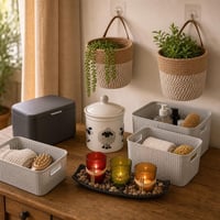 Set za organizaciju doma: kutija + keramička posuda + 3 košare + viseće košare + LED pladanj 1