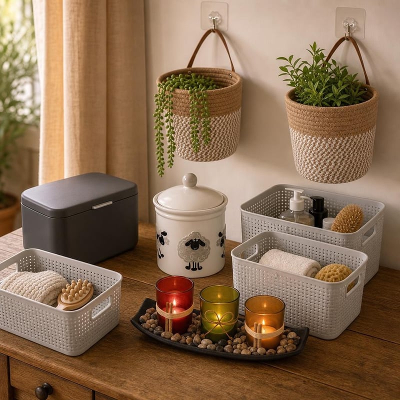 Set za organizaciju doma: kutija + keramička posuda + 3 košare + viseće košare + LED pladanj