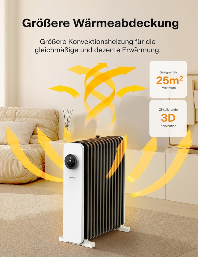 PELONIS 13 Bordás Olajradiátor 2500W Távirányítóval - Mobil Elektromos Fűtőtest Termosztáttal, 24 Órás Időzítővel, 3 Fokozattal, Túlmelegedé
