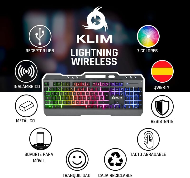 KLIM Lightning Vezeték Nélküli Spanyol Gamer Billentyűzet - Fém Váz, Mechanikus Érzés, RGB
