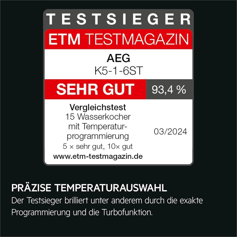 AEG Deli 5 Vízforraló 1,7L 2400W 5 Hőfok Beállítás Rozsdamentes Acél