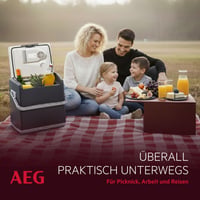 Termoelektrická autochladnička AEG KK 28, 28 litrov, 12V/230V, do auta aj do zásuvky, prenosná, chladenie do 20 °C pod okolitú teplotu, na kempovanie a cestovanie, používaná 12