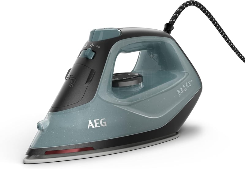 AEG Steam Iron, 2400 W, Variable Vertical Steam Surge, Fine Spray, 24% Recycled Plastic, Residual Heat Indicator, 2 m Cable, 180° Rotatable, Anti-Limescale System, Ceramic Sole, Green Grey, SI5-2-6OG
