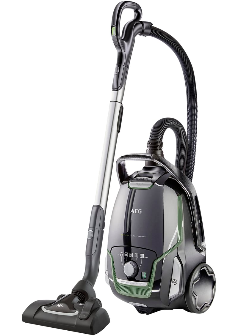 Aspirator cu sac AEG VX9-2-ÖKO, 850 W, 65 dB silențios, 5 litri, rază de acțiune 12 m, filtru lavabil, 70% material reciclat, negru-verde