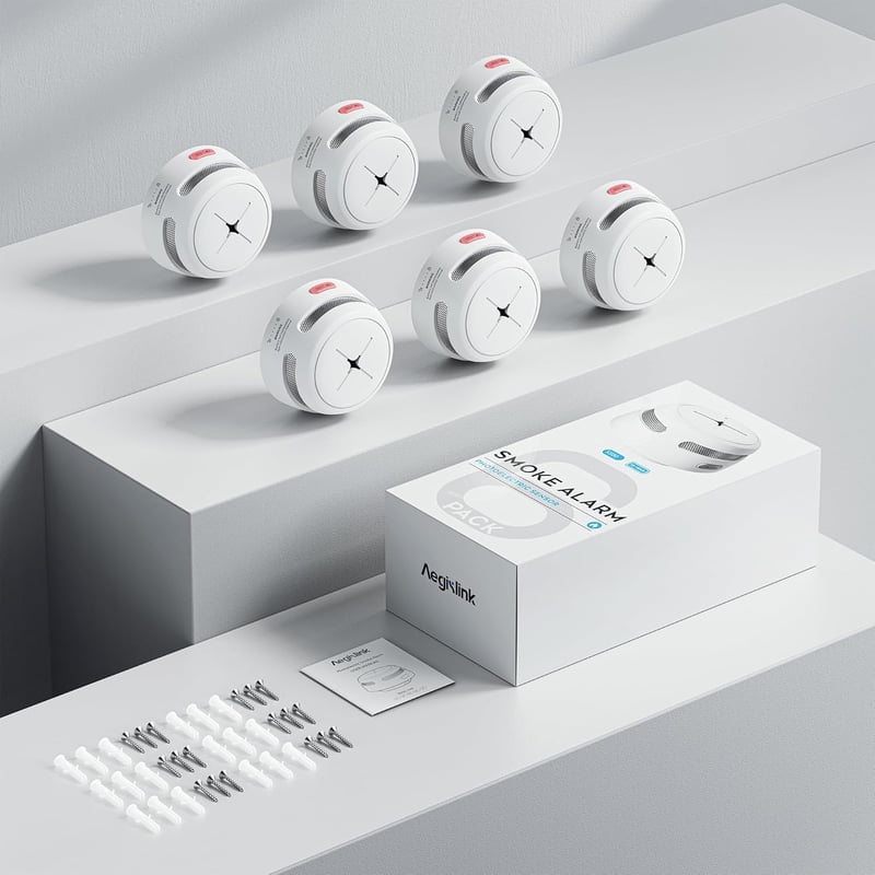 AEGISLINK Füstérzékelő Készlet 6db - Mini Fotoelektromos Tűzjelző 10 Éves Elemmel, Teszt/Némítás Gombbal, Alacsony Töltöttség Figyelmeztetés