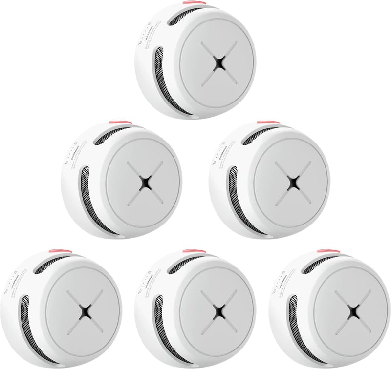 AEGISLINK Füstérzékelő Készlet 6db - Mini Fotoelektromos Tűzjelző 10 Éves Elemmel, Teszt/Némítás Gombbal, Alacsony Töltöttség Figyelmeztetés