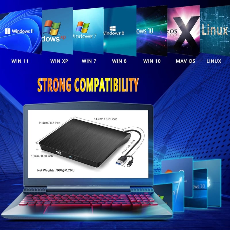 aelrsoch Külső Blu-ray és DVD meghajtó USB 3.0 Type-C csatlakozással olvasás írás 4K Blu-ray lejátszó és rögzítő