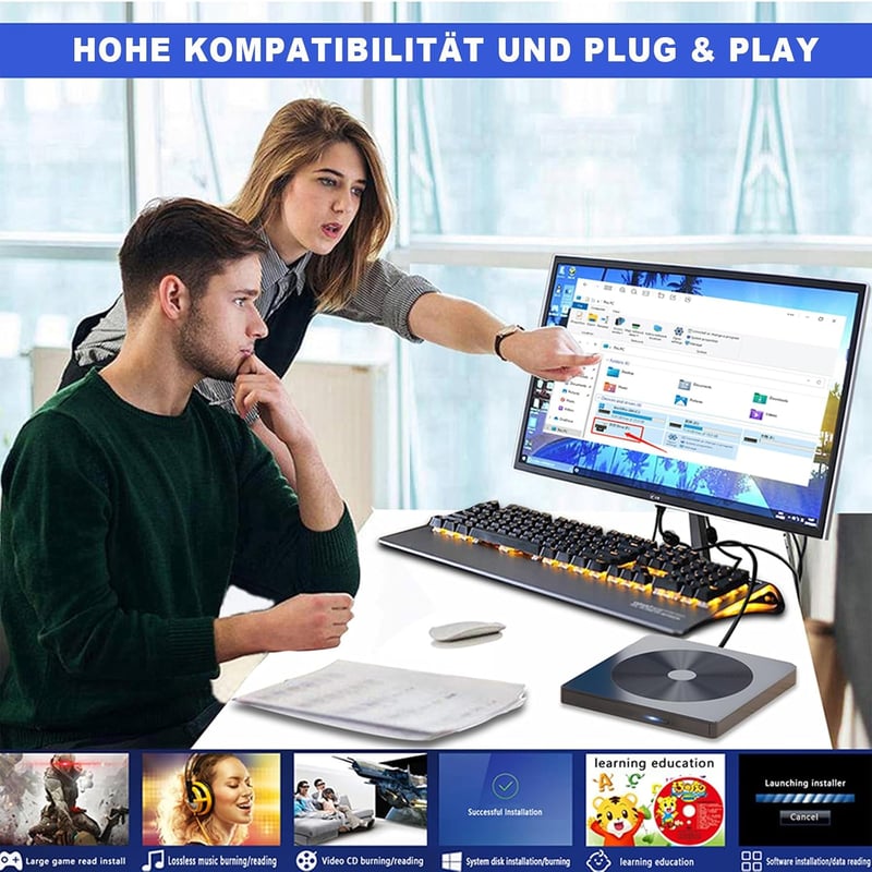 aelrsoch külső Blu-ray író-olvasó lemezmeghajtó DVD BD lejátszó USB 3.0 és Type-C, 4K Ultra HD, Win7 8 10 11 PC laptop