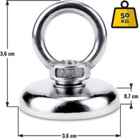 SENSEI 2 Erős Neodímium Mágnes 50 kg Teherbírás 36 mm Acél Karikával 6