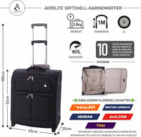 Aerolite 56x45x25 Fedélzeti Bőrönd 60L Könnyű Utazási Táska 2 Kerekű Fekete 2