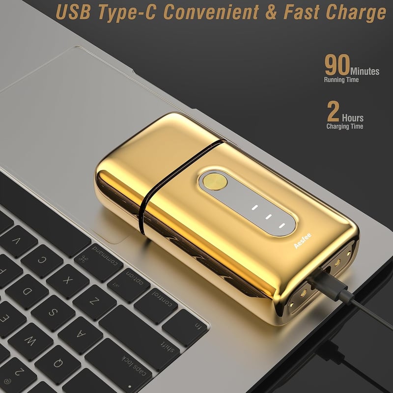 Aesfee Professzionális Foil Elektromos Borotvá Férfiaknak, Arany Titán Dupla Pengékkel, Száraz és Nedves Használatra, USB-C Töltéssel