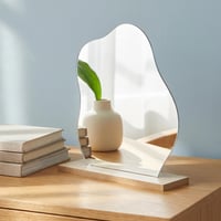 AetherAurora Akrylové kozmetické zrkadlo bez rámu, nepravidelný tvar, s dreveným podstavcom, 23,5 x 19,5 cm, priehľadné stolové zrkadlo do spálne, obývačky, dekorácia 1