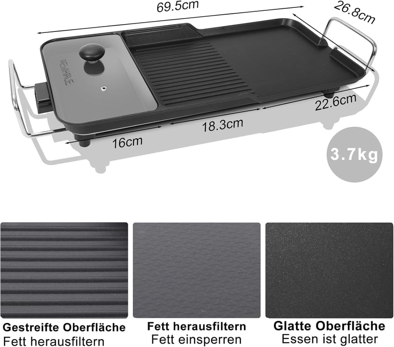 AEWHALE 3 az 1-ben Elektromos Asztali Grill, 2000W Tapadásmentes Teppanyaki Sütőlap 4-6 Személyre, Hőmérséklet Szabályozással