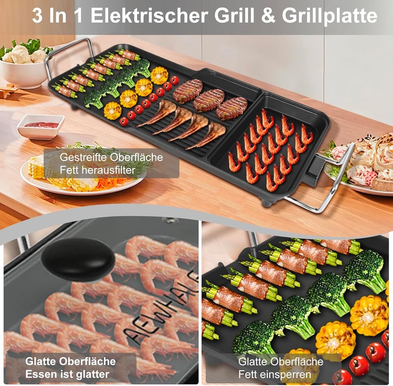 AEWHALE 3 az 1-ben Elektromos Asztali Grill, 2000W Tapadásmentes Teppanyaki Sütőlap 4-6 Személyre, Hőmérséklet Szabályozással