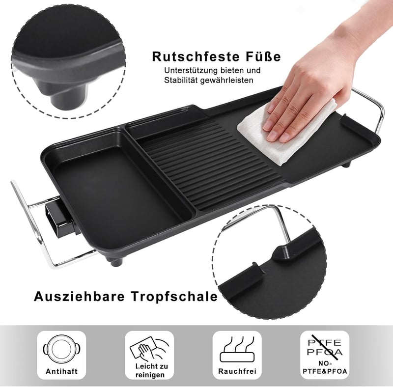 AEWHALE 3 az 1-ben Elektromos Asztali Grill, 2000W Tapadásmentes Teppanyaki Sütőlap 4-6 Személyre, Hőmérséklet Szabályozással