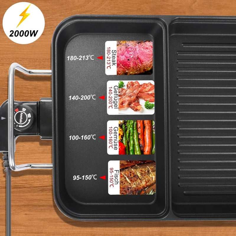 AEWHALE 3 az 1-ben Elektromos Asztali Grill, 2000W Tapadásmentes Teppanyaki Sütőlap 4-6 Személyre, Hőmérséklet Szabályozással