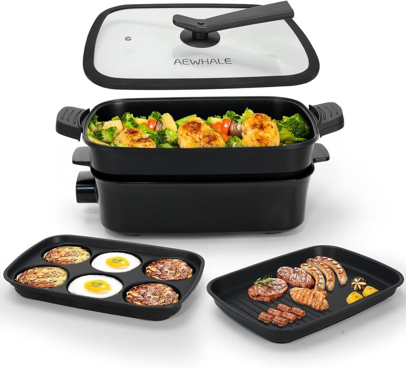 AEWHALE 3az1-ben elektromos sütő grill serpenyő fedővel 1500W antilengő - White