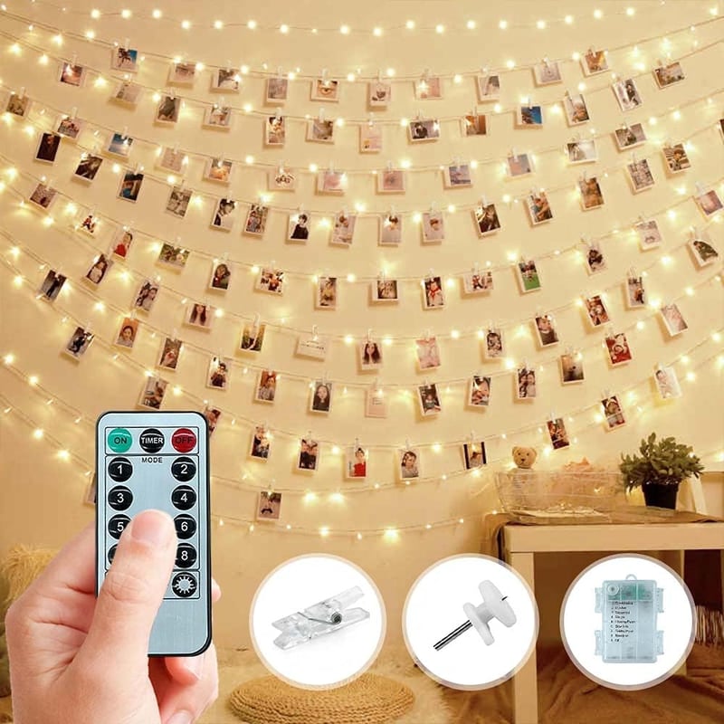 Trongle 10 méteres LED fotófüzér távirányítóval - Meleg fehér fényű szobadekoráció