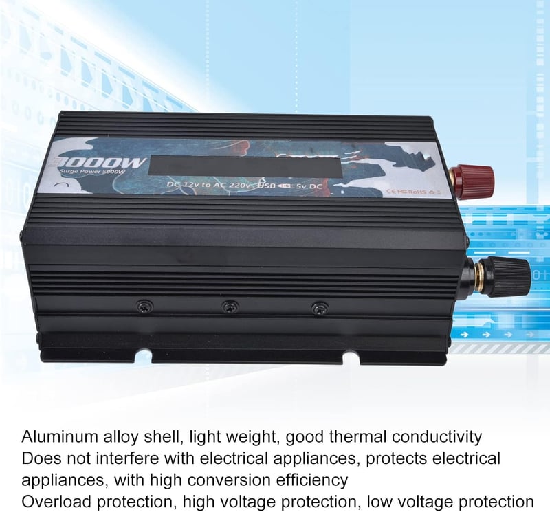 Reiner 3000W szinuszos inverter, 12V-220V, alumínium, kijelzővel - Fekete