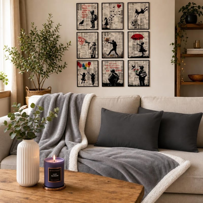 Set za osvježenje dnevnog boravka: 2x jastučnica + sivi pokrivač + bijela vaza + 9x Banksy slika + svijeća