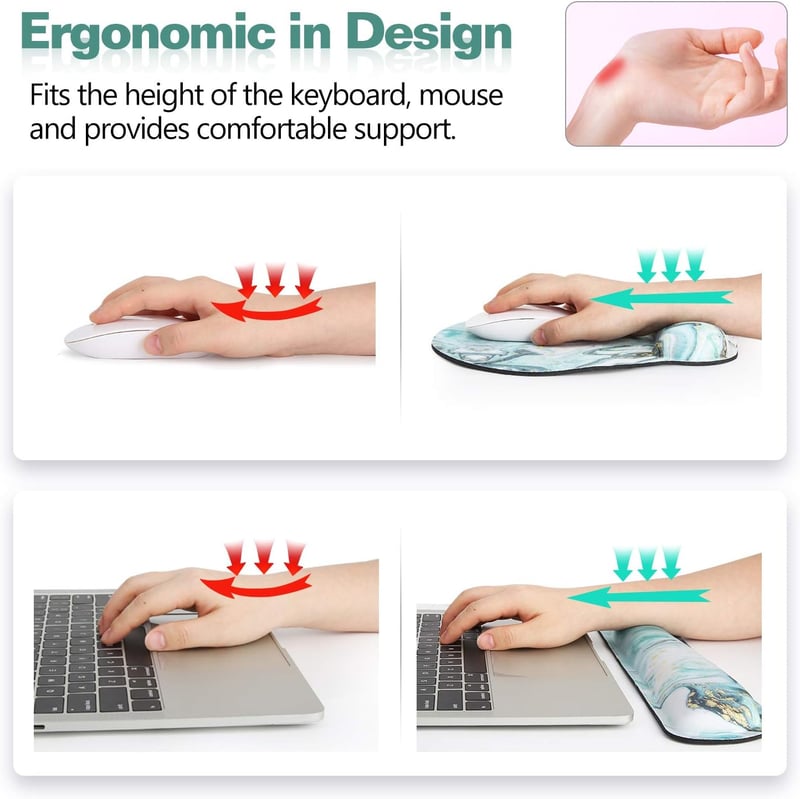 MoKo Ergonomikus Csuklótámaszos Billentyűzet és Egérpad Szett - Memóriahabos, Csúszásgátló, Márványzöld, Irodai és Iskolai Használatra