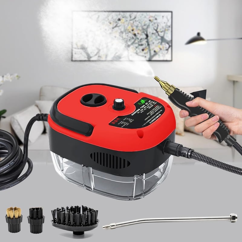 Hombasing 2500W Kézi Gőztisztító 1000ml Tartállyal - 6 Sebességgel, 3 Kefefejjel - Konyha, Fürdő, Autó, Ablak Tisztításához (Piros)