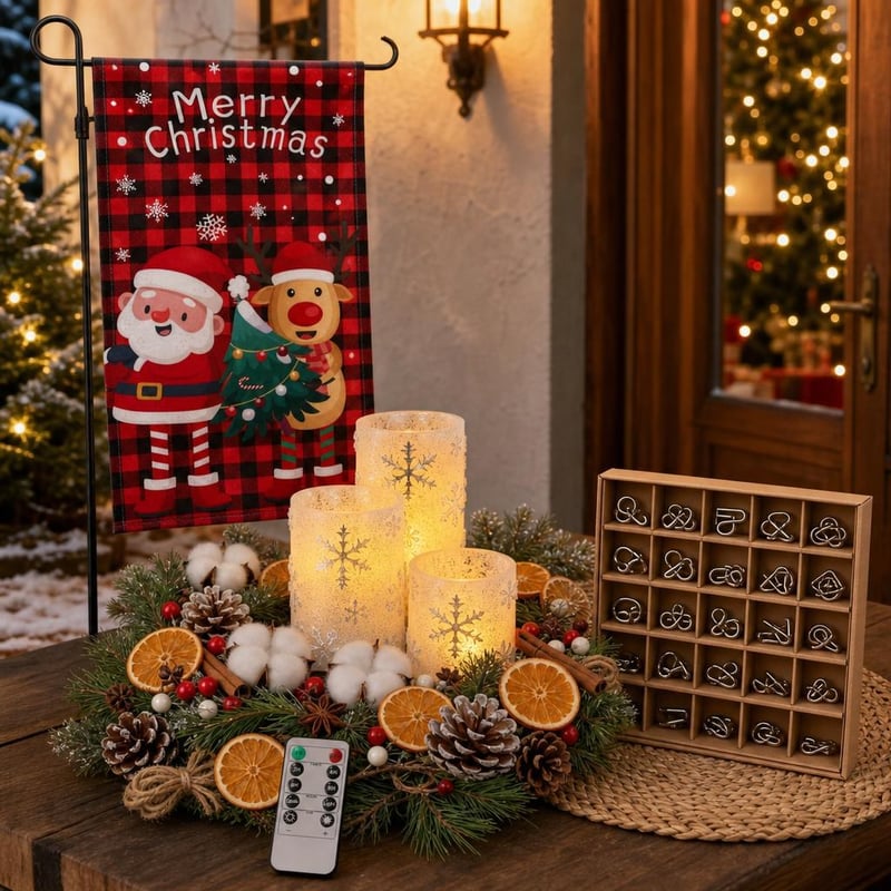 Adventi ünnepváró csomag: Mikulásos kerti zászló + koszorúkészlet + 3 db LED gyertya + 24 db fém drótpuzzle