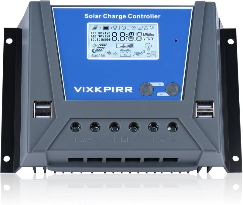 VIXKPIRR 80A Napelem Töltésvezérlő 12V/24V/36V/48V - LCD Kijelzővel, Hőmérséklet Érzékelővel és 4 USB Porttal - Többféle Akkumulátorhoz