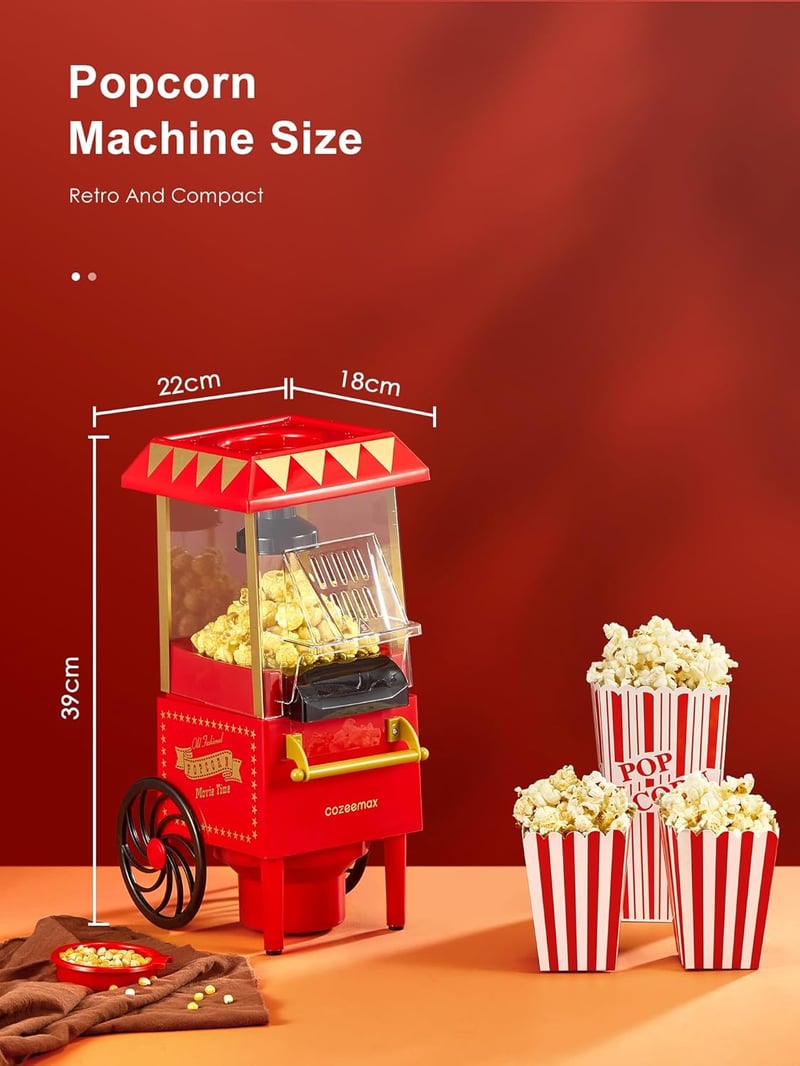 Cozeemax Retro Popcorn Készítő 1200W - Nagy Kapacitású, Zsírmentes, Piros