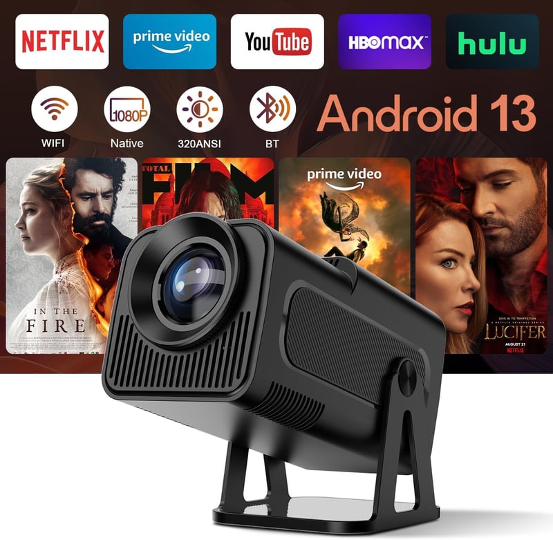 Alwtniet HY320 NTV Android 13 Mini Okos Projektor 4K Netflix Támogatással - 320 ANSI Lumen, WiFi, Bluetooth 5.2, ChatGPT Hangasszisztens, Ho
