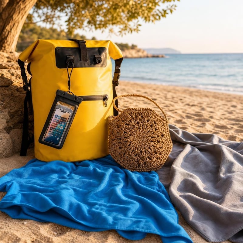 Set vacanță Boho: geantă paie + 2 prosoape microfibră + rucsac impermeabil 50L + husă telefon