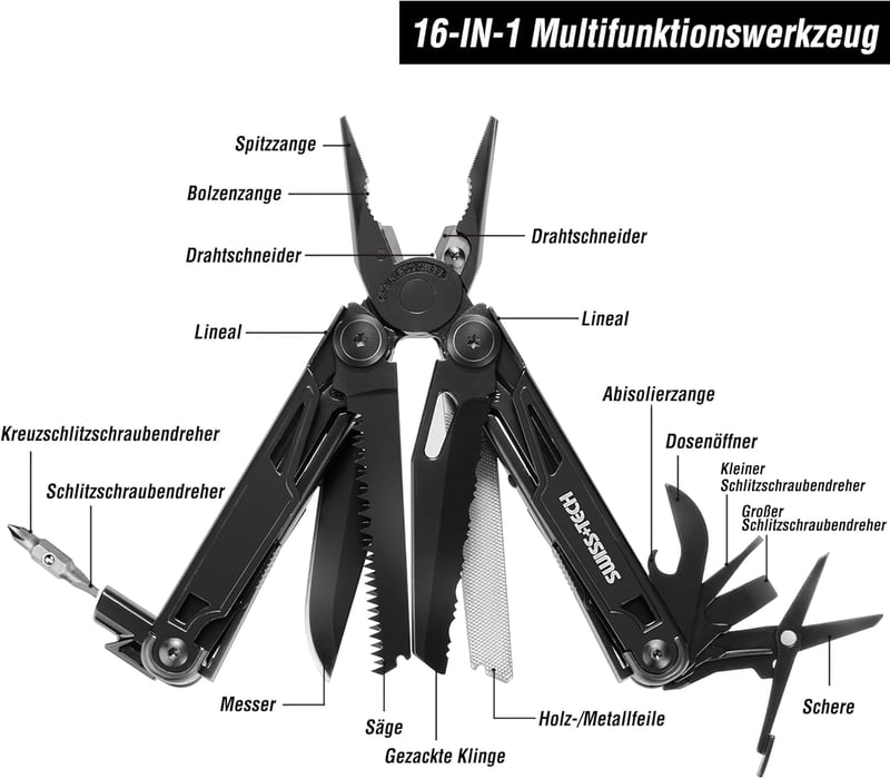 Swiss+Tech 16 az 1-ben Multifunkciós Fogó - Összecsukható Szerszámkészlet Ollóval, Késsel, Fűrésszel, Sörnyitóval - Kempinghez, Túrázáshoz, 