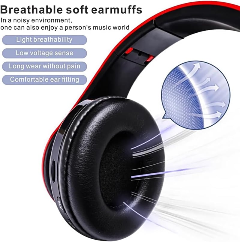 MUARRON Összecsukható Bluetooth Fejhallgató - Piros-Fekete, Nagy Akkuval, Mikrofonnal, 10m Hatótáv