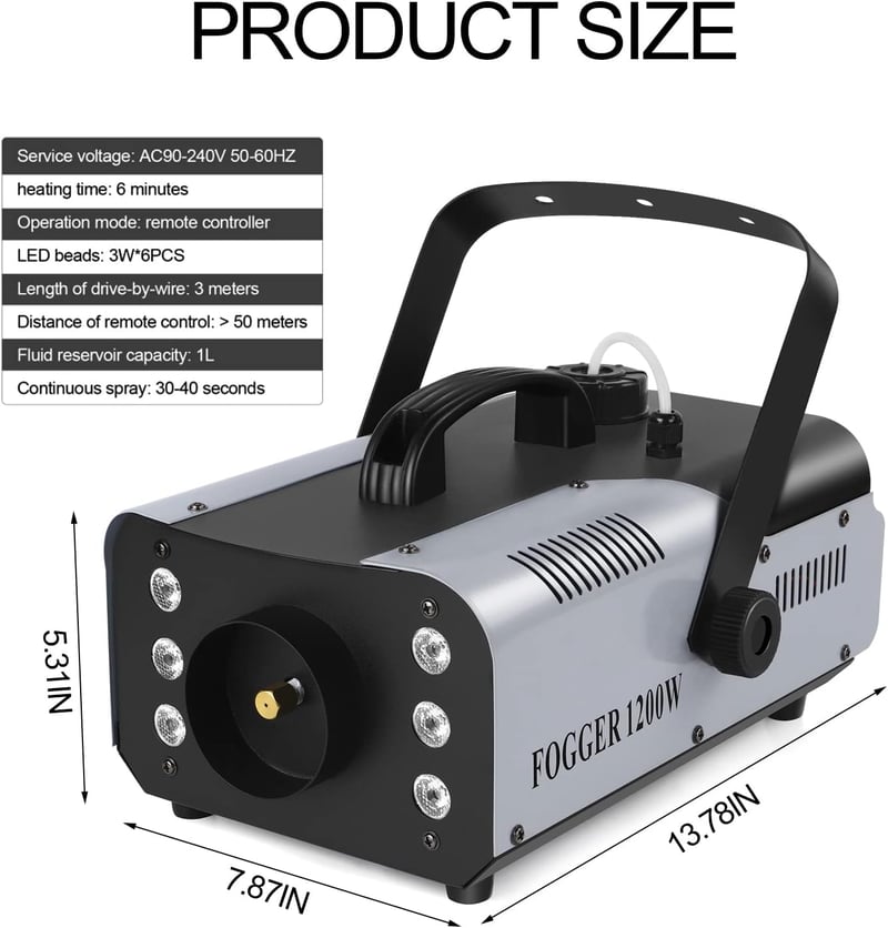 U`King 1200W Füstgép 6 RGB LED Világítással - Vezeték Nélküli Távirányítóval, 8m Hatótávolság, 1L Tartály, Fém Ház, DJ Partykhoz, Koncertekh