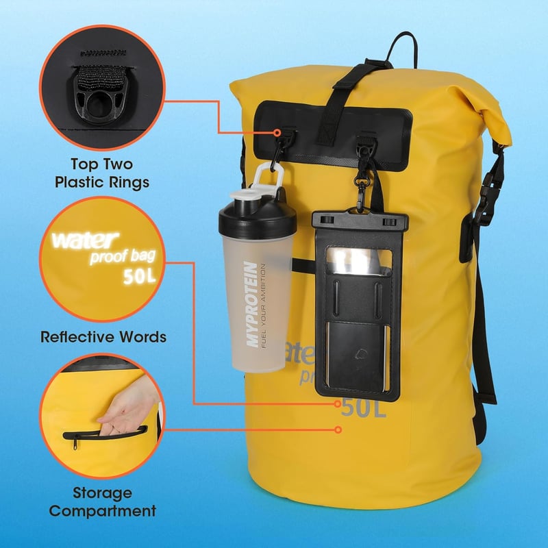 WELDUN 50L vízálló rolltop hátizsák IPX8 telefontokkal kajak sárga kenu camping túrázáshoz