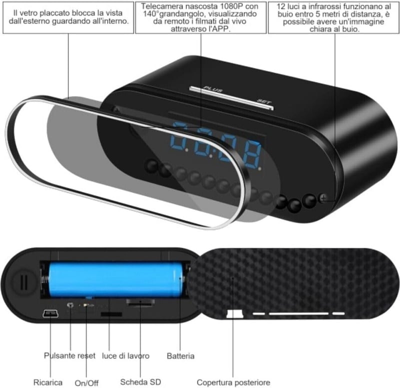 Generico WiFi Ébresztőóra Rejtett Kamerával - 1080p HD Videó, Mozgásérzékelés, Éjjellátó, Valós Idejű Megfigyelés, Beltéri Biztonsági Kamera