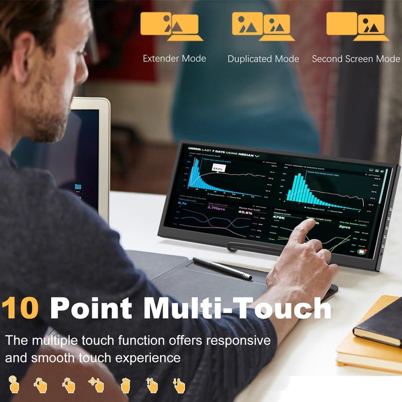 Prechen 12.3" Hordozható Érintőképernyős Monitor - 1920x720 IPS Kijelző, HDMI/USB-C, CPU/GPU Monitorozás, Laptop Kiegészítő