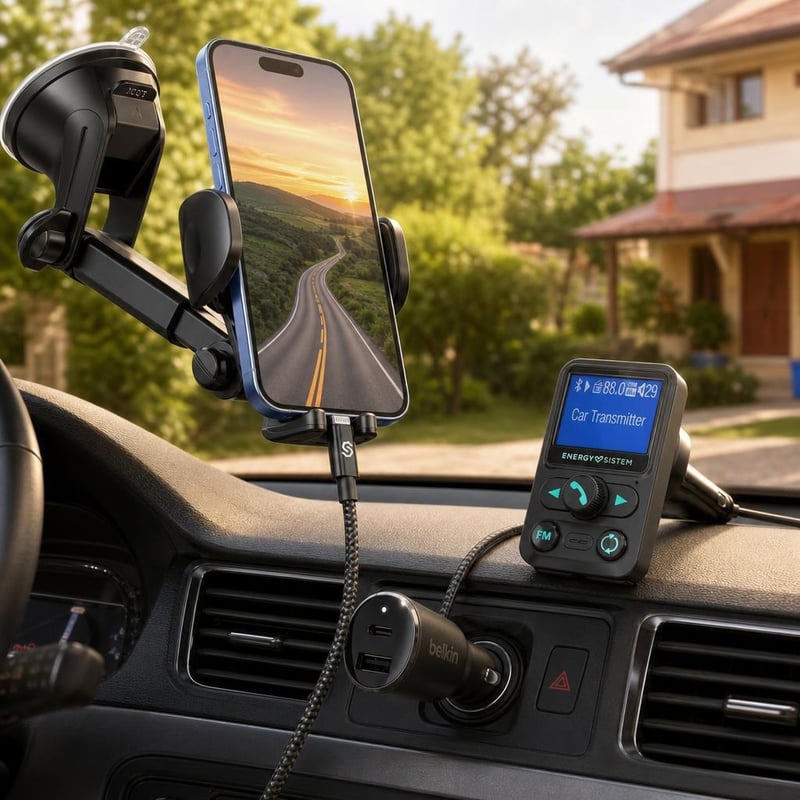 Ingázó autós töltőcsomag: tapadókorongos telefontartó + 42 W autós töltő + USB-C–Lightning kábel + Bluetooth