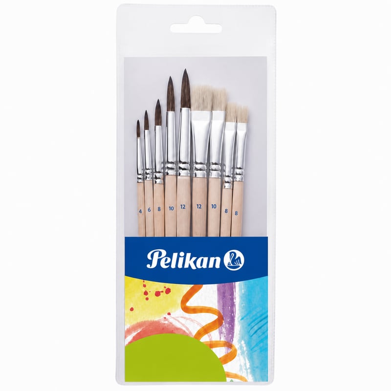 Pelikan 700405 Kezdő Ecsetkészlet 8 db – 5 Sörtéjű és 3 Hajszálas Ecset (10-es és 12-es hajszál ecset nélkül), Iskolai Festőkészlet