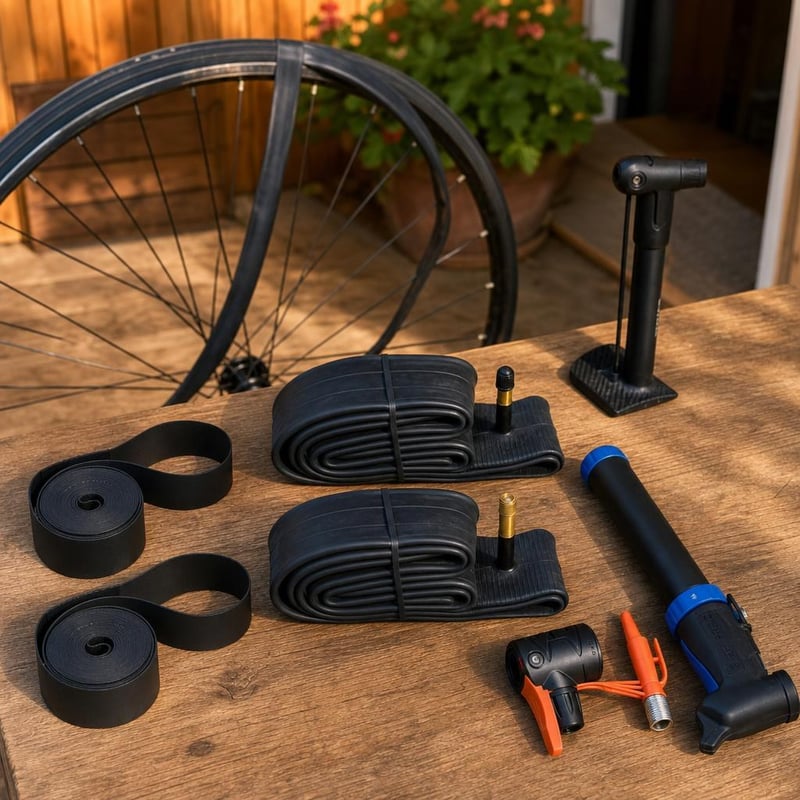 Set za popravak bicikla: 26" traka za obruč + 2x 26" zračnice + adapter ventila + mini pumpa