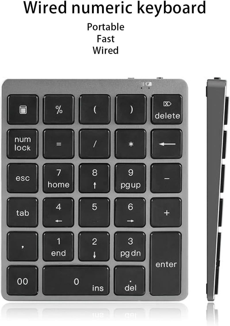Yunseity Bluetooth és USB-s numerikus billentyűzet, 28 gombos, iOS/Android/Windows, szürke-fekete