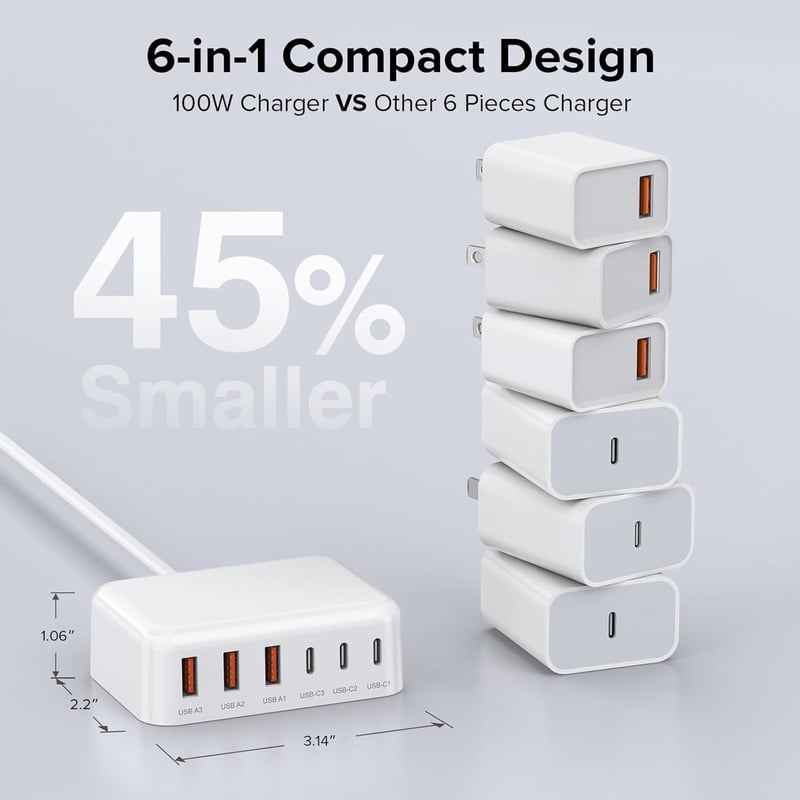 Zomvan 100W USB-C Gyorstöltő 6 Portos - 3 USB-C és 3 USB-A Töltőállomás iPhone 16/15/14, Samsung S24/S23, iPad és Okostelefonok Számára

AI:
