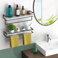 AFAjwsc Fali Polc Szett - 2 db 42 cm-es Fehér Lebegő Fapolc Törölközőtartóval - Fürdőszobába, Konyhába, Nappaliba és Irodába - Rusztikus Fa  2