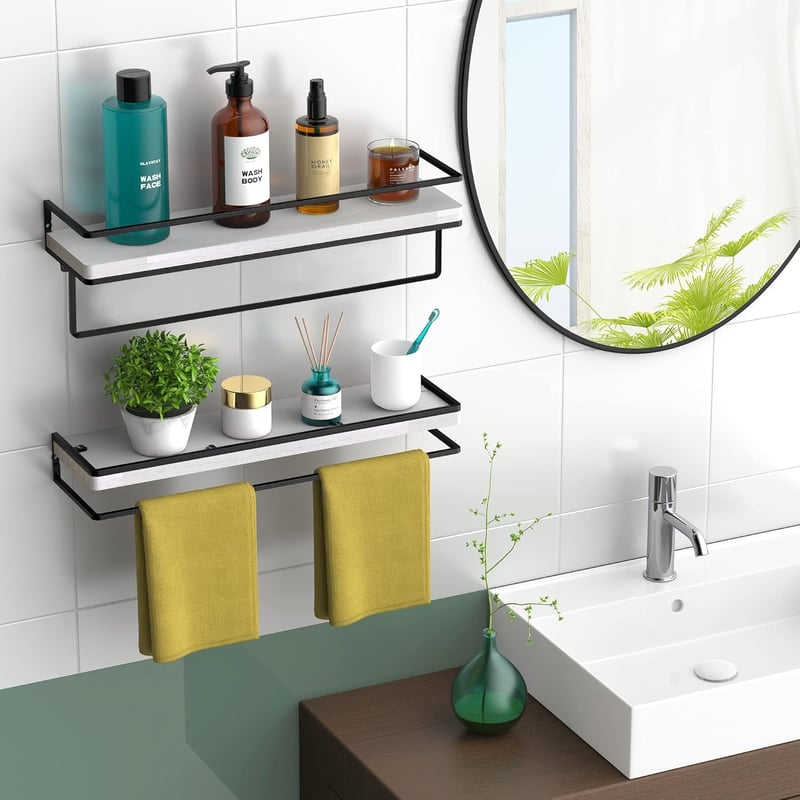 AFAjwsc Fali Polc Szett - 2 db 42 cm-es Fehér Lebegő Fapolc Törölközőtartóval - Fürdőszobába, Konyhába, Nappaliba és Irodába - Rusztikus Fa 