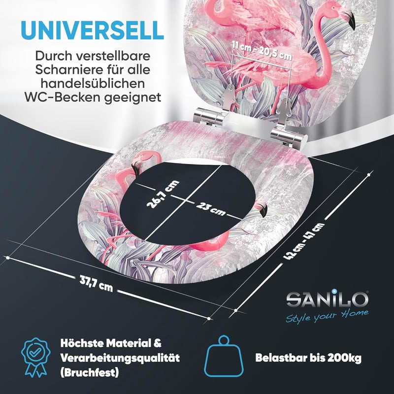 Sanilo Flamingo 2 WC Ülőke Lassú Záródással - Fa Anyagú, Könnyen Szerelhető, Strapabíró Zsanérokkal, Flamingó Mintás Toalett Fedél